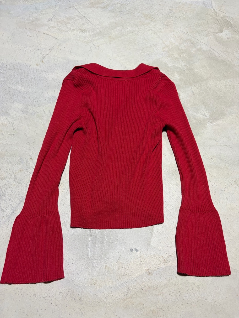 Anthropologie Maeve Red Ribbed V-Neck Bell Sleeve Sweater medium - Picture 8 of 10